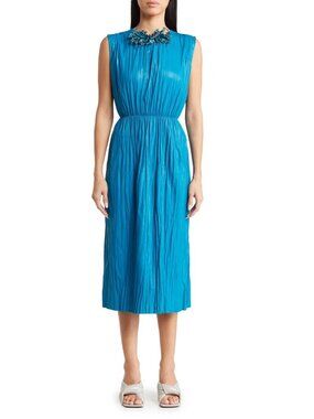 $7910 Gucci Womens Embellished Leather Dress Turquoise Sleeveless Size 40 / US 4